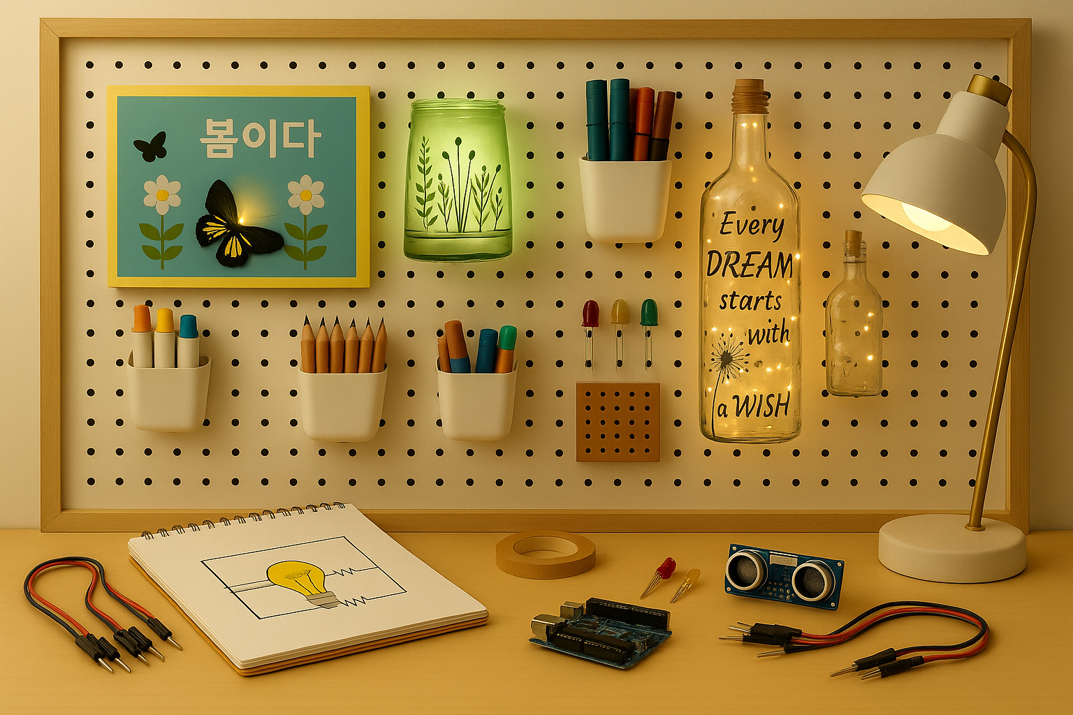 메이커스페이스 대표 이미지 (책상·타공판·IoT/아날로그 융합)